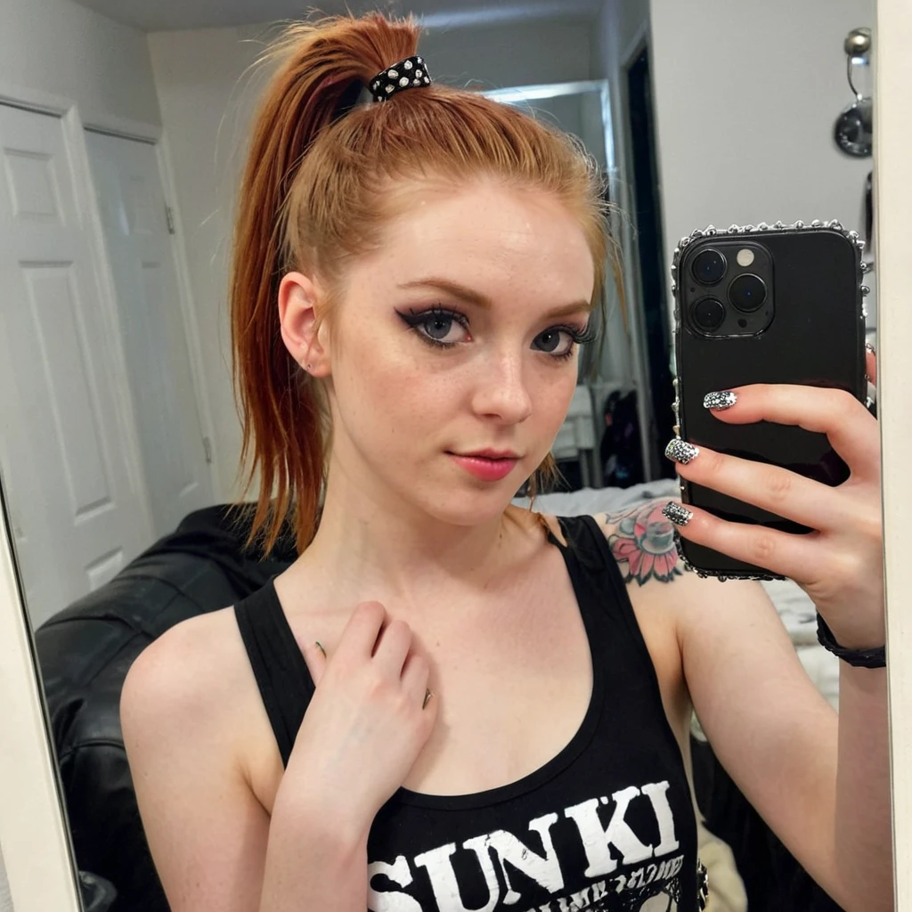 ************, ginger girl, punk rock style, punk rock make up, ponytail, iphone mirror selfie