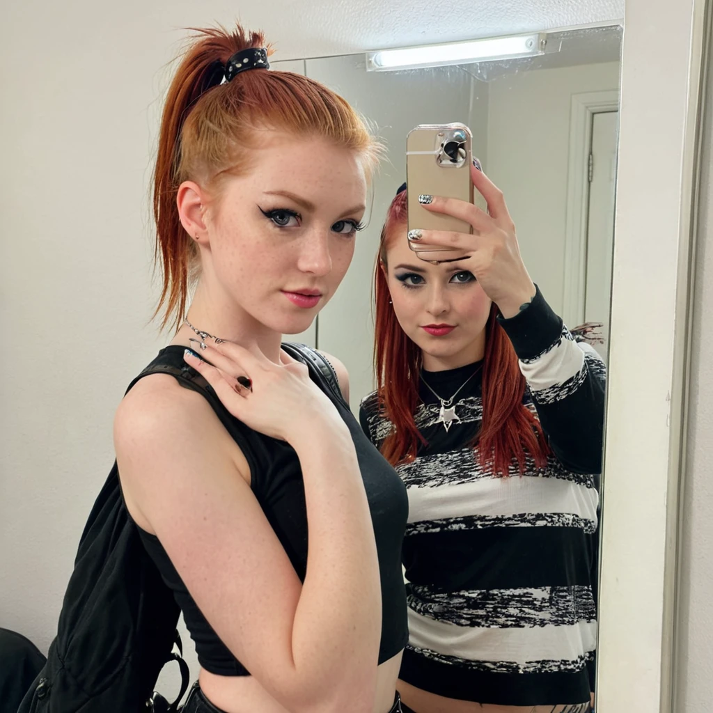 , ginger girl, punk rock style, punk rock make up, ponytail, iphone mirror selfie