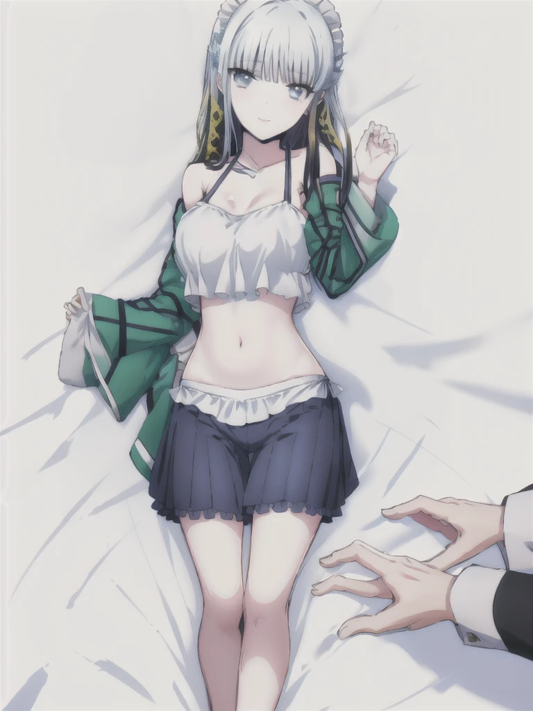 solo, 1girl, looking at viewer, 2D, anime, anime coloring, full body, (solid white background:1.3), miyuki shiba, maid bikini, porn, kiss, looking at viewer, straddle me, smile,bed room,sleep position, kiss me