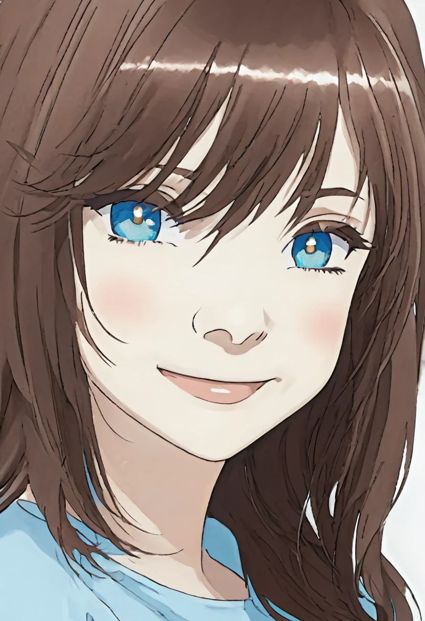 1 girl, Brown hair, blue eyes ,cheveux détacher, smile,