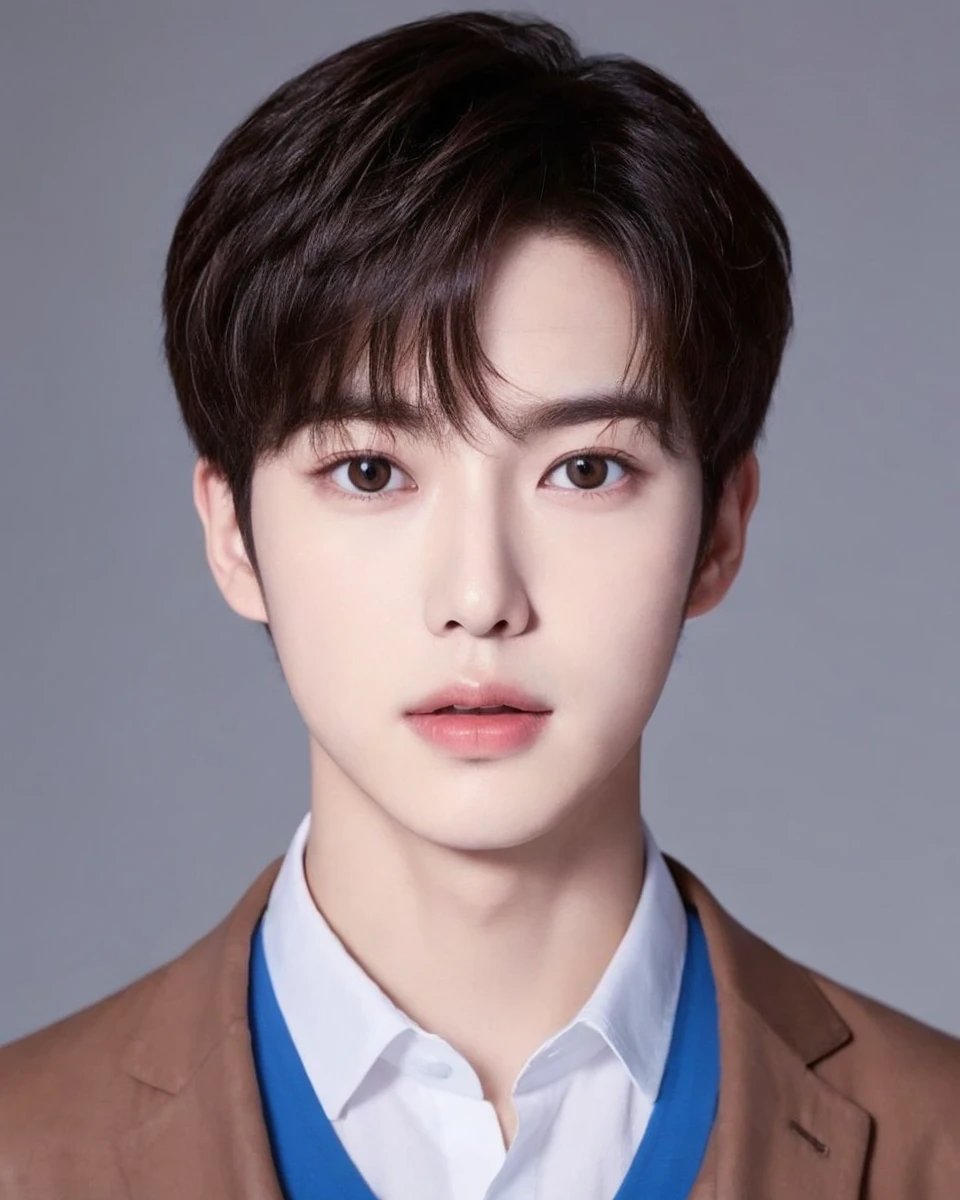 (realisitic, high resolution:1.3), 1 a handsome South Korean age boy male model with a perfect cup wearing a white t-shirt with a delicate and harmonic young face ultra realistic image rich in details
