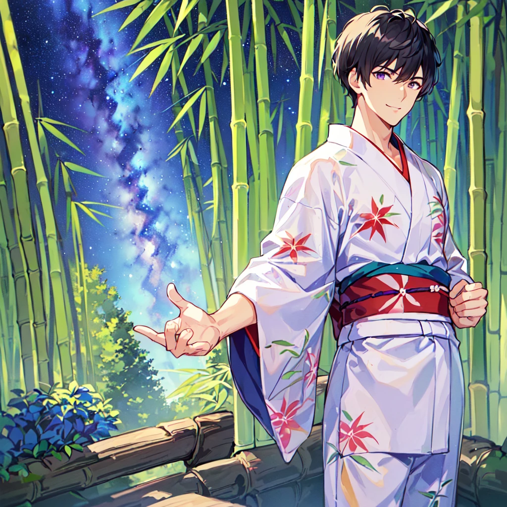 masterpiece,best quality,high quality,(1 male austere handsome solo adult age 30:1.5), purple eyes, cool with drooping eyes, V-shaped eyebrows, body strong and fearless 8.5 head tall, height 185cm, (well-groomed short black hair down to neck:1.4), (bangs 7 thirds parted:1.4), slender nose, facial muscles, throat, (Japanese print summer yukata with short sleeves and pants:1.3), (stylish pose), (cool smile:1.3), (bamboo forest in background:1.3), (Milky Way Night Sky: 1.3)
