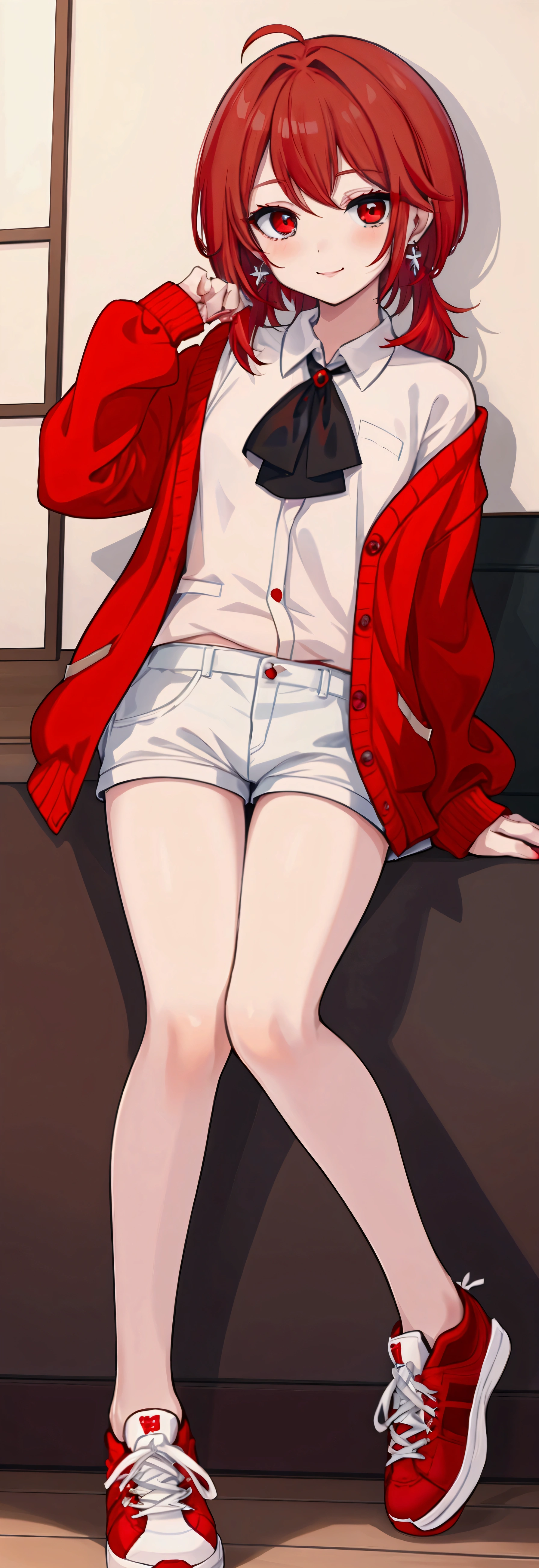 boy, 短い明るいRed hair, Grey Eyes, Expressive eyes, White skin, A kind smile,Beautiful Hands,Earrings、1人のboy、Red eyes、Red hair、Medium Hair、、cardigan、hot pants、Highest quality、cute、whole body、sneakers