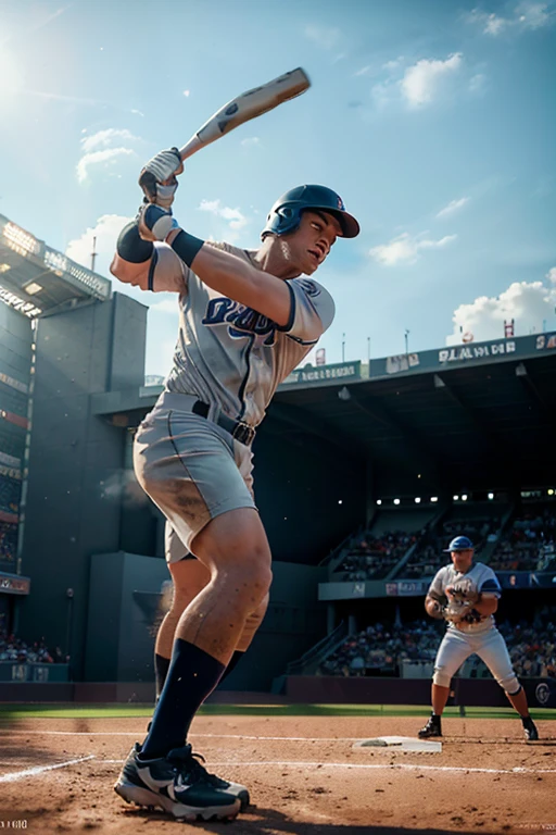 1 baseball player, muscular male, hitting homerun, dynamic action pose, baseball bat swinging, ball flying through air, stadium crowd cheering, sunlight glare, action motion blur, (best quality,4k,8k,highres,masterpiece:1.2),ultra-detailed,(realistic,photorealistic,photo-realistic:1.37),vibrant colors,dramatic lighting,sports action photography
