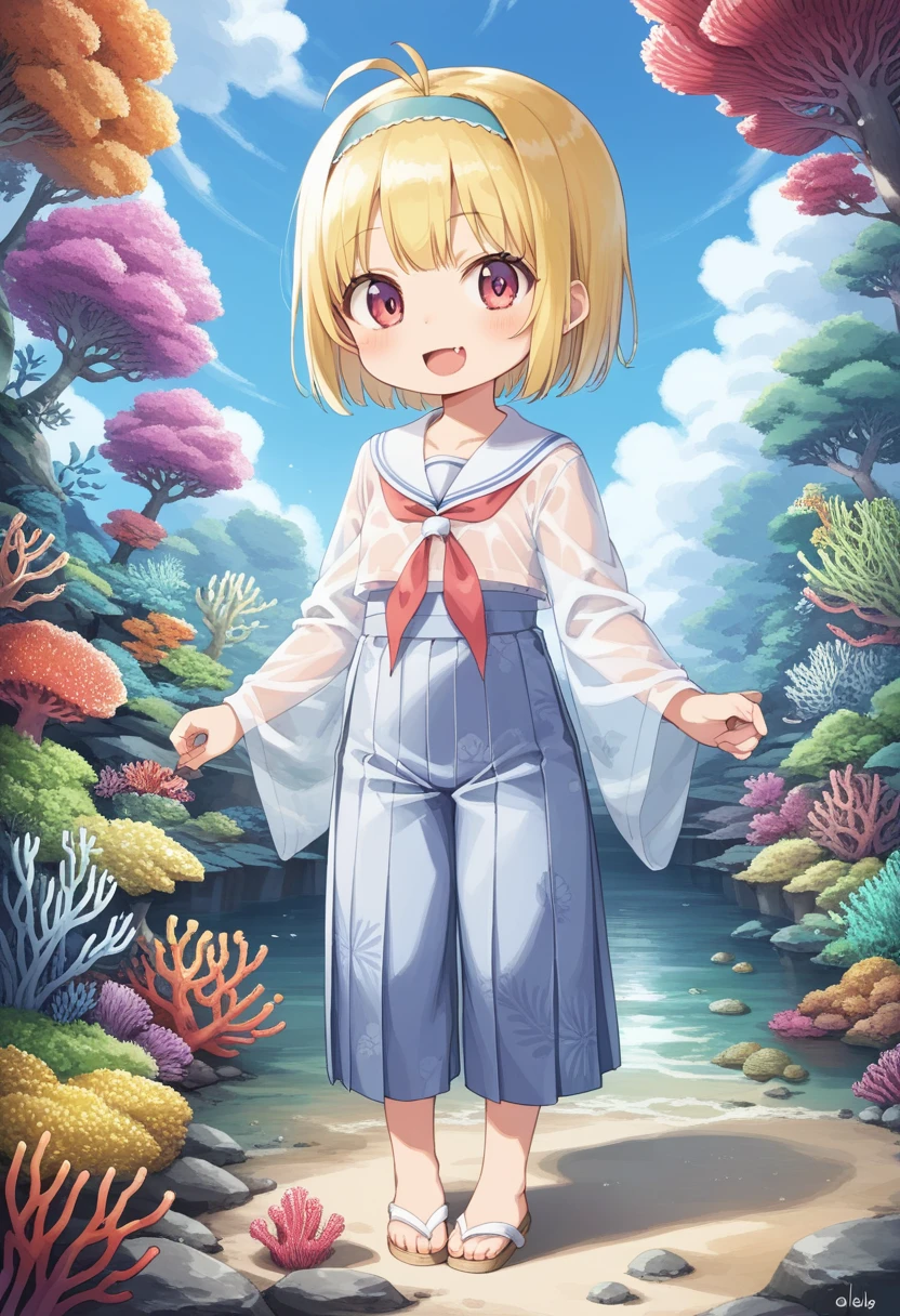 score_9, score_7_up, score_6_up, 1girl, source_cartoon, source_anime,breathtalking Scenery,watercolor,smooth soft skin, natural skin,rating_safe,bfg,mjm
BREAK
(little female child:1.8), (loli:1.8), 4 years old, (loli toddler:1.1),flat chest,baby face,oily skin, ultra cute face, happy smile,beautiful eyes, detailed eyes, puffy eyes,
BREAK
(short blond hair:1.6) messy hair,(fang:1.1), (pink eyes:1.1), highlight on eyes, antenna hair,double tooth,(blond hair:1.1),
BREAK
(long-sleeved kimono inspired white sailor uniform:1.1),(burberry check patterned hakama:1.5),wear a transparent material excessive long-sleeves over a sailor uniform,(transparent material cape:1.1),(coral brack long hem hakama:1.5),sash,head band,Leather boots,
BREAK
kawaii,outdoors,flowergarden,flowerbackground,