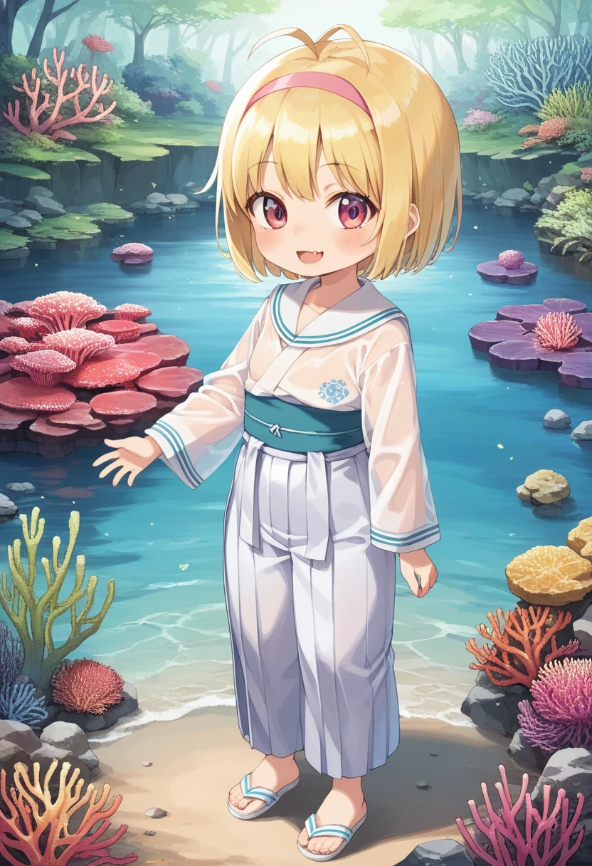 score_9, score_7_up, score_6_up, 1girl, source_cartoon, source_anime,breathtalking Scenery,watercolor,smooth soft skin, natural skin,rating_safe,bfg,mjm
BREAK
(little female child:1.8), (loli:1.8), 4 years old, (loli toddler:1.1),flat chest,baby face,oily skin, ultra cute face, happy smile,beautiful eyes, detailed eyes, puffy eyes,
BREAK
(short blond hair:1.6) messy hair,(fang:1.1), (pink eyes:1.1), highlight on eyes, antenna hair,double tooth,(blond hair:1.1),
BREAK
(long-sleeved kimono inspired white sailor uniform:1.1),(burberry check patterned hakama:1.5),wear a transparent material excessive long-sleeves over a sailor uniform,(transparent material cape:1.1),(coral brack long hem hakama:1.5),sash,head band,Leather boots,
BREAK
kawaii,outdoors,flowergarden,flowerbackground,