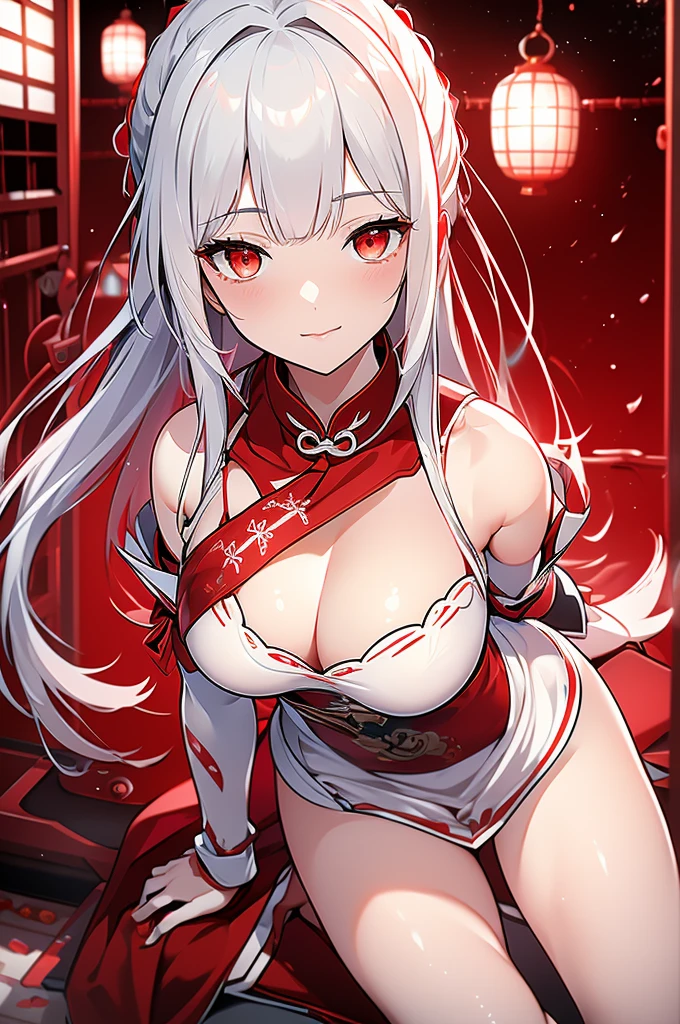 Silver and long hair、Red eyes、woman、美しいwoman、Large Breasts、White Machine Skin、The whole body of the machine、Mechanical joints、A mechanical body made entirely of red and white、sword、A revealing red and white Chinese dress、Cheongsam with cleavage visible