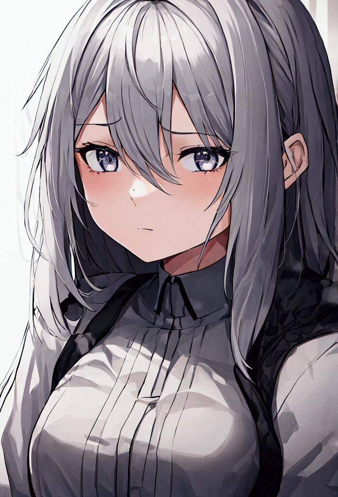 1girl, bored expression, looks tired, messy long-grey hair, black-colored eyes