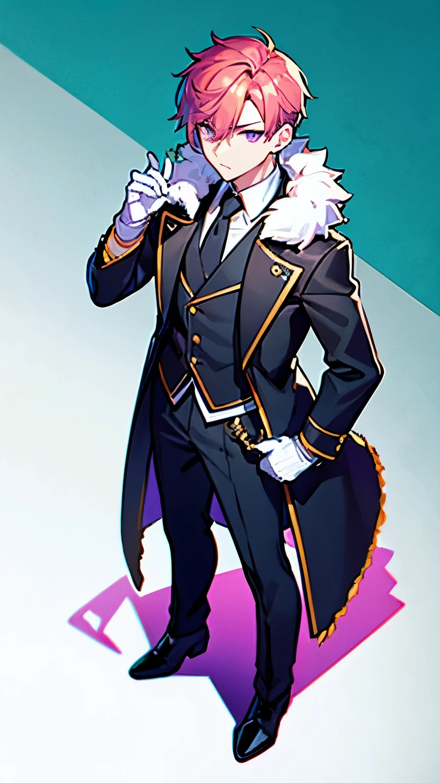 best quality, high quality, (male, a boy:1.2), Jagged tooth, Futuristic atmosphere, Police, near future, full body, pink gold hair, Wear a long black coat with fur, Wear long black pants, Wear a business shirt, wear aqua color tie, white gloves, very short hair, expressionless, purple eyes, jitome, underweight, 22 years old,  standing, stoop, from above, leather shoes, green background, (headshot:1.0),