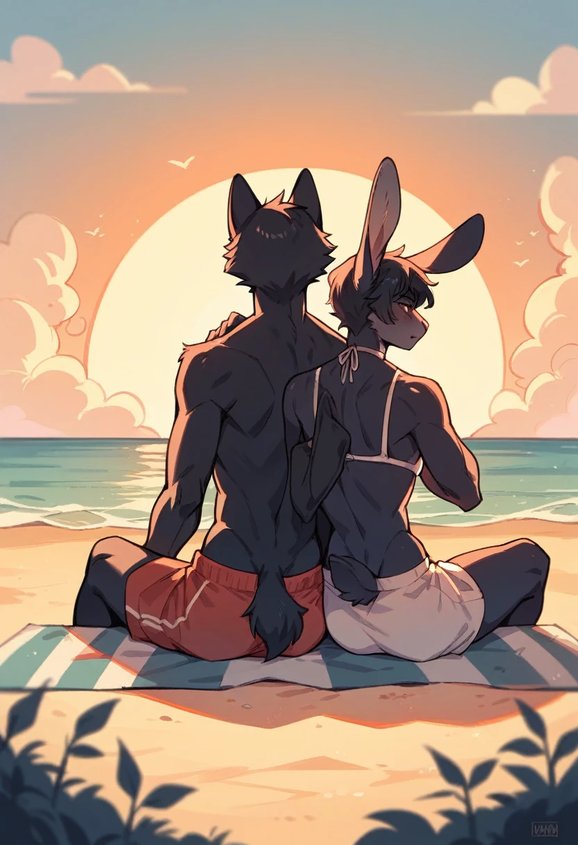 Create the silhouette of a couple two anthropomorphic animal men, a rabbit and a wolf, back sitting on the beach sand watching the sunset