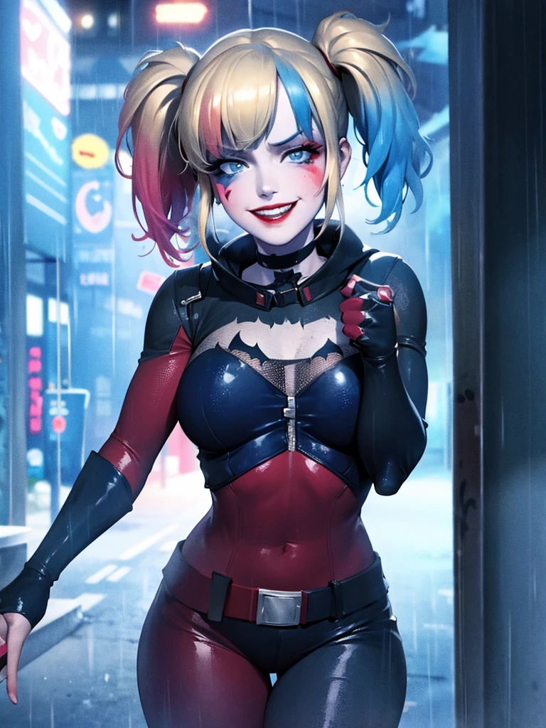  Harley Quinn standing in the middle of a rain-drenched street, her soaked clothes clinging to her body, no underwear, a wicked smile on her face, wearing batman suit . 