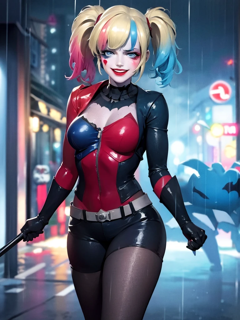  Harley Quinn standing in the middle of a rain-drenched street, her soaked clothes clinging to her body, no underwear, a wicked smile on her face, wearing batman suit . 