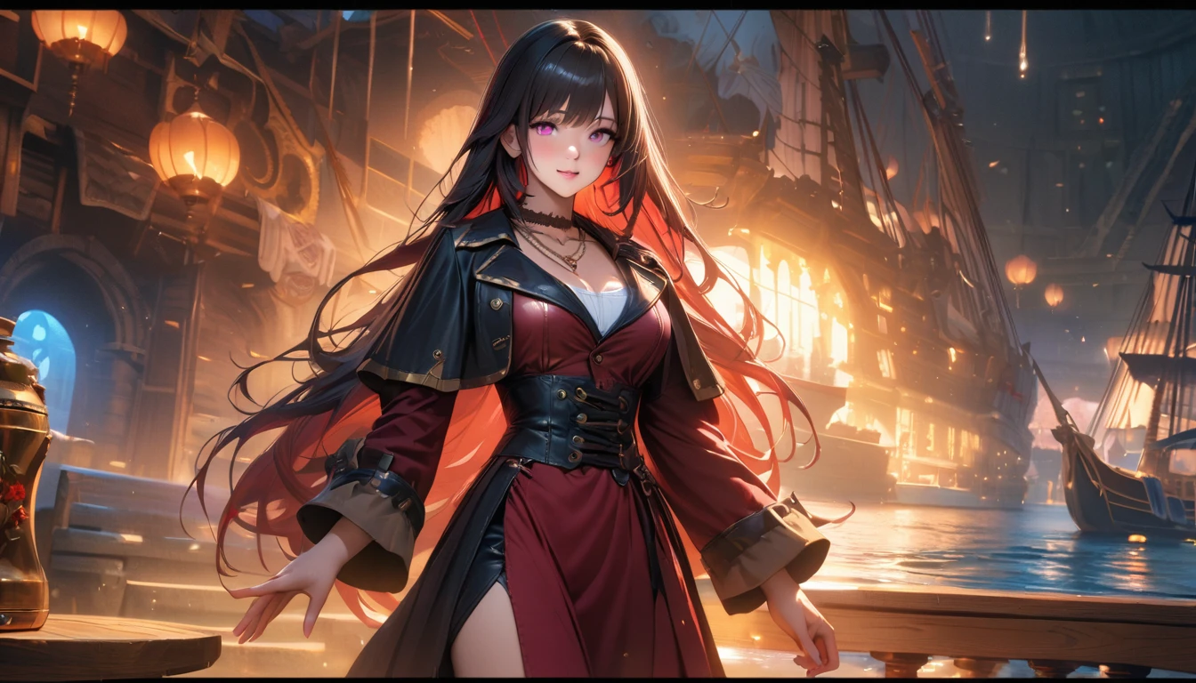 masterpiece, Best quality, 1 girl,photo, Studio photography, realistic:1.2, Littlemasterpiece, Best quality, very detailed, a high resolution, a high resolution, a high resolution, 4K, 8 K, unity 8k wallpaper, very detailed CG, masterpiece, realistic, beautiful details, depth, fine texture, Best quality: 1.3, aboutбщая концентрация, perfect skin, Him, aboutчень милое аниме, female pirate, Pirate Costume, Pirate Ship, whole body, Mole under the eye, look, high, blush, lips parted, his art, pink eyes, necklace、Wide buttocks、Эффект Тиндаллаmasuter piece、top quality、Highest standards、Highest image quality、table、complex parts、a high resolution、depth of field、natural soft light、professional lighting、about, standing, very long hair, cowboy shot, brilliant, brilliant hair, (night:1.2),Dreamy, [[gentle fingers and hands:0.55]::0.85],(detailed fingers),),(emotional),(breathtaking),(main part:1.2) whole body.), (Anime Style), (Super Detailed), (brutal), (uhd, HDR), (8k), (High Resolution: 1.2), (Complex and Beautiful: 1.2)