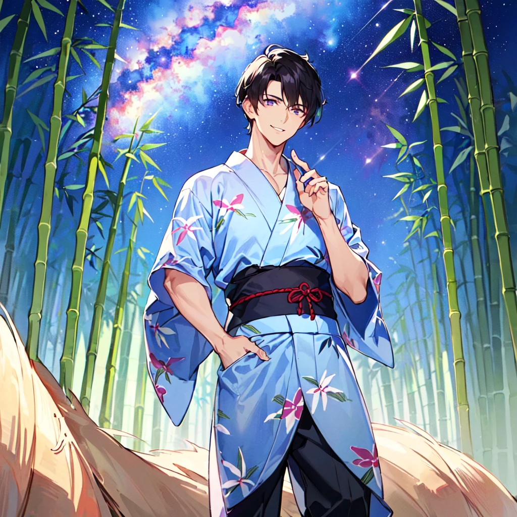 masterpiece,best quality,high quality,(1 male austere handsome solo adult age 30:1.5), purple eyes, cool with drooping eyes, V-shaped eyebrows, body strong and fearless 8.5 head tall, height 185cm, (well-groomed short black hair down to neck:1.4), (bangs 7 thirds parted:1.4), slender nose, facial muscles, throat, (Japanese print summer yukata with short sleeves and pants:1.3), (stylish pose), (cool smile:1.3), (bamboo forest in background:1.3), (Milky Way Night Sky: 1.3)