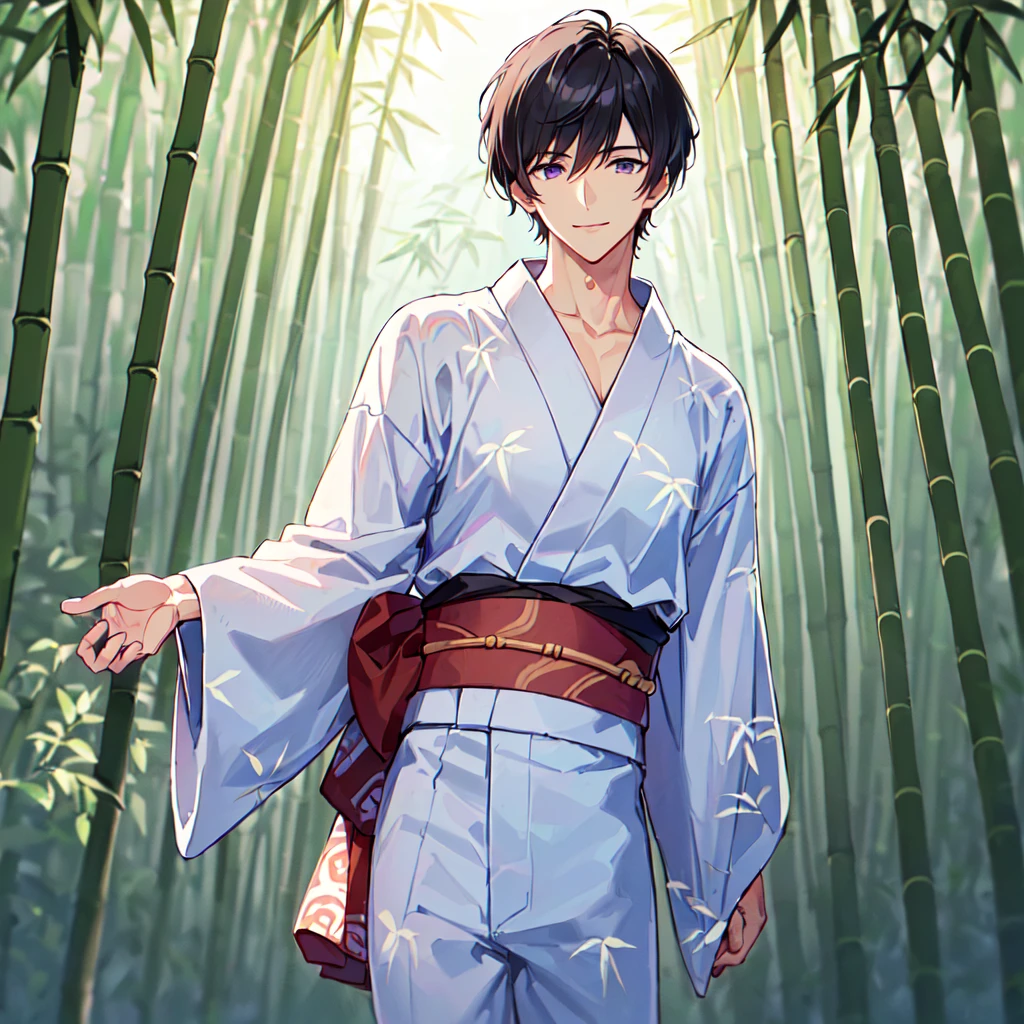 masterpiece,best quality,high quality,(1 male austere handsome solo adult age 30:1.5), purple eyes, cool with drooping eyes, V-shaped eyebrows, body strong and fearless 8.5 head tall, height 185cm, (well-groomed short black hair down to neck:1.4), (bangs 7 thirds parted:1.4), slender nose, facial muscles, throat, (Japanese print summer yukata with short sleeves and pants:1.3), (stylish pose), (cool smile:1.3), (bamboo forest in background:1.3), (Milky Way Night Sky: 1.3)