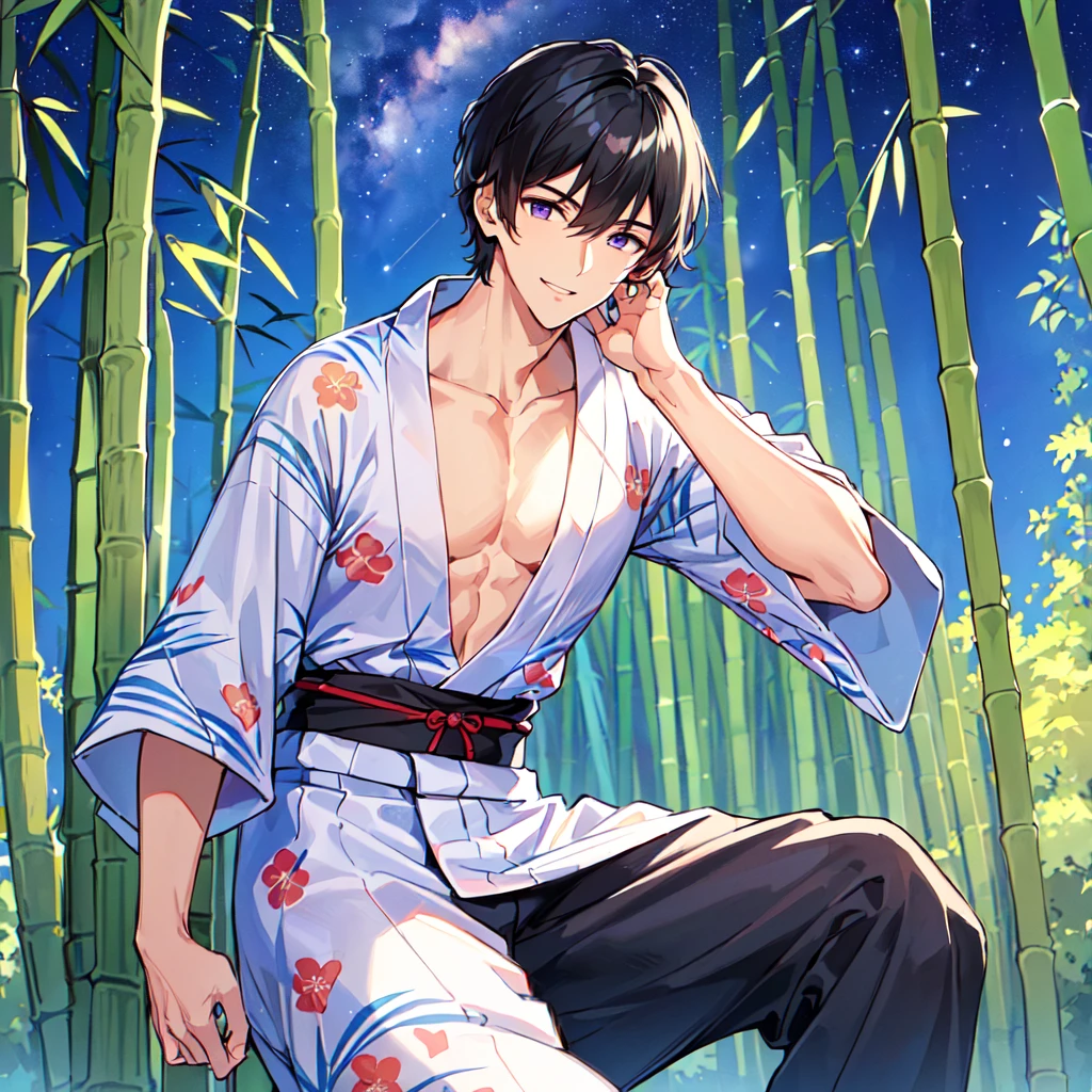 masterpiece,best quality,high quality,(1 male austere handsome solo adult age 30:1.5), purple eyes, cool with drooping eyes, V-shaped eyebrows, body strong and fearless 8.5 head tall, height 185cm, (well-groomed short black hair down to neck:1.4), (bangs 7 thirds parted:1.4), slender nose, facial muscles, throat, (Japanese print summer yukata with short sleeves and pants:1.3), (stylish pose), (cool smile:1.3), (bamboo forest in background:1.3), (Milky Way Night Sky: 1.3)
