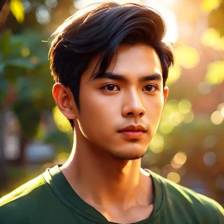 Close-up photo, A young Southeast Asian man with a round face., Short, cropped hair,black eyes,abdominal muscles, perfect body, outdoor, Warm light, The morning sun shines beautifully., (digital painting, HDR, high contrast), 3d, 8k, 45,000,000 pixcls, realistically,