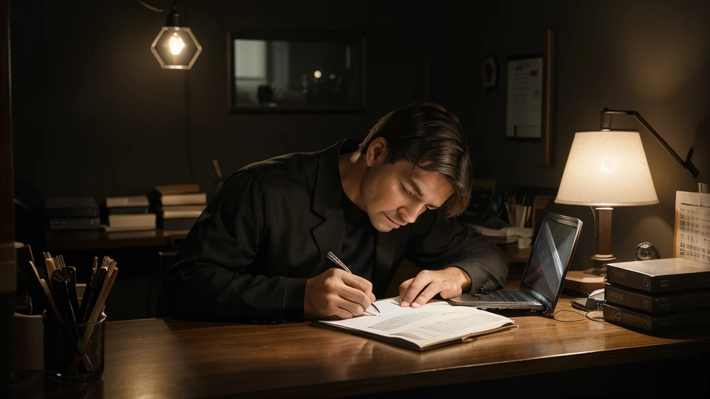 Write a description or narrative about a scene where a man is depicted using a computer or laptop with deep concentration and productivity, set in a dimly lit environment. Describe the surroundings in detail, focusing on the subdued lighting that enhances the atmosphere of focus and solitude. Detail the man's posture, his demeanor, and the tasks he is engaged in, highlighting his intense focus and efficiency. Include elements that indicate his dedication to the work, such as organized desk space, digital tools, or notes nearby. Emphasize the actions and expressions that convey his commitment to achieving goals through effective use of technology in a darker, more introspective setting.