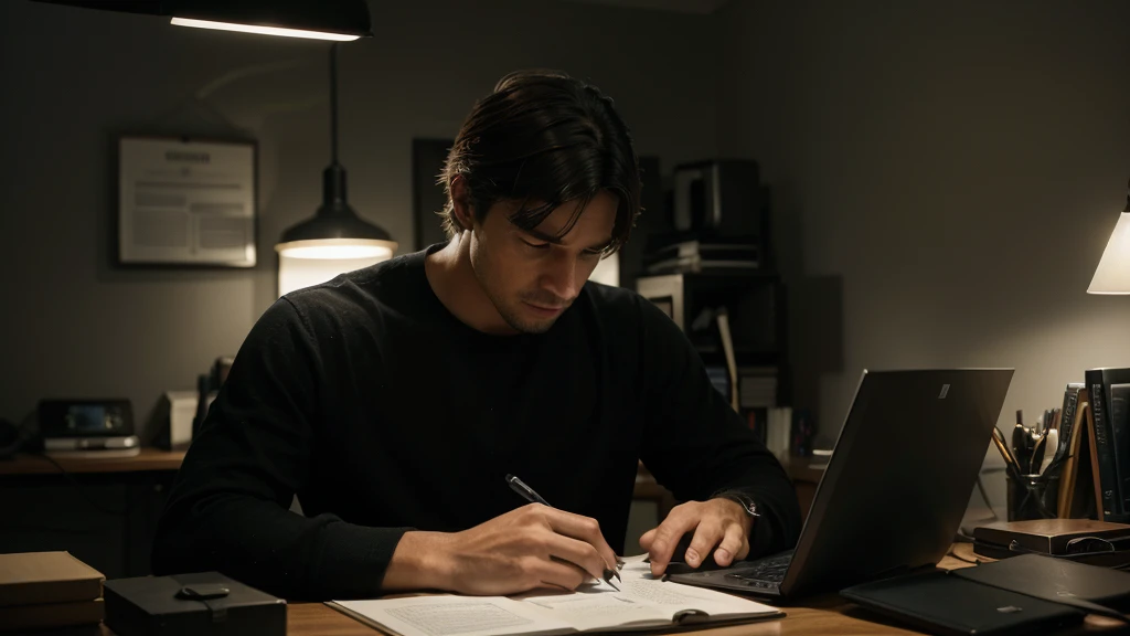 Write a description or narrative about a scene where a man is depicted using a computer or laptop with deep concentration and productivity, set in a dimly lit environment. Describe the surroundings in detail, focusing on the subdued lighting that enhances the atmosphere of focus and solitude. Detail the man's posture, his demeanor, and the tasks he is engaged in, highlighting his intense focus and efficiency. Include elements that indicate his dedication to the work, such as organized desk space, digital tools, or notes nearby. Emphasize the actions and expressions that convey his commitment to achieving goals through effective use of technology in a darker, more introspective setting.