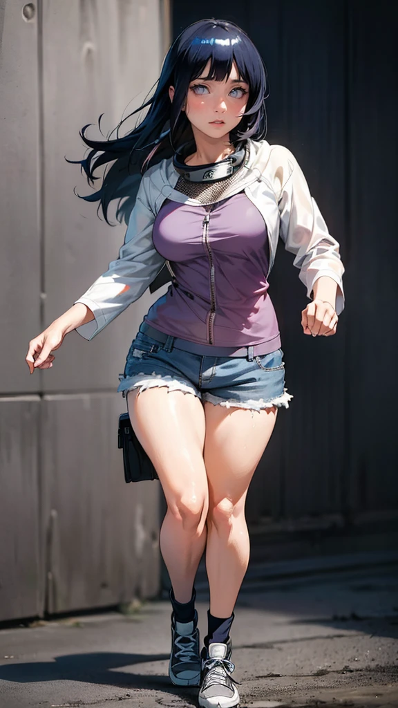 (hyuga Hinata, very sensual, with funk girl clothes, Brazilian, Rio de Janeiro, dancing funk, rolling, big-ass, legs thick, wearing short denim shorts, wearing a mini blouse, umbigo com pirsing, sneakers Nike, big hair, Speaker behind, very realistic, extremely sexy, 8K, 8K extremamente detalhado), (an extremely delicate and beautiful), (Masterpiece artwork), (best qualityer: 1.0), (ultra highres:1.0)