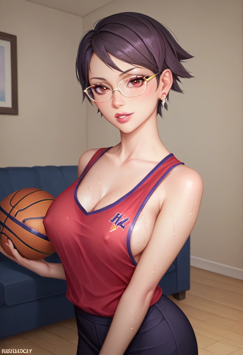 score_9_up, score_8_up, score_7_up, 1girl, solo, mature female, Sarada, looking at viewer, (((black short hair))), red eyes, pink lips, parted lips, glasses, (((purple/yellow Lakers basketball uniform))), fit slim model body, perfect small erected breast,((modern living room)), wet body, seductive pose, 