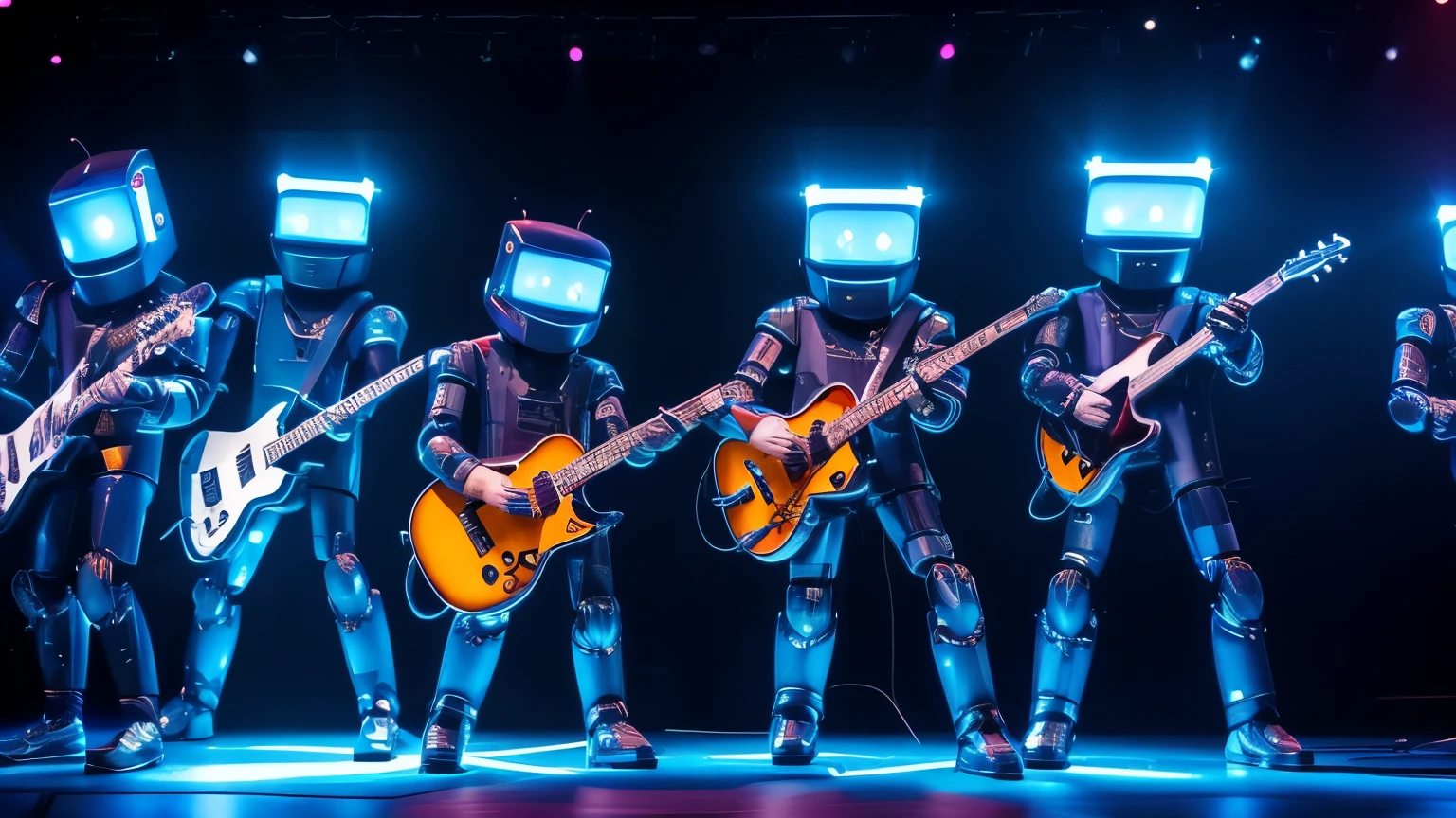 criar many robots playing guitar together on stage, robot eletronic style, on stage, lights, ELETRIC GUITAR STYLE. 8K,ON STAGE, UNIQUE UNIVERSE , robots rock band