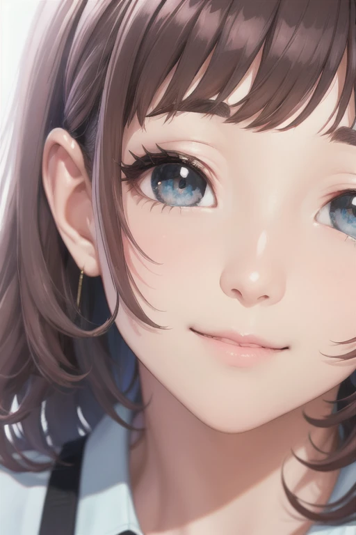 girl,Character design sheet,Beautiful attention to detail,Beautiful lip detail,Very detailed目と顔,Long eyelashes,Realistic,photoRealistic:1.37,Very detailed,Professional,Vibrant colors,Portraiture,Studio Lighting,Sharp focus,Physically Based Rendering,High resolution,超High resolution. blue eyes,Big eyes, Close ~ eyes,Long Hair,Curly hair、Black Hair,Red cheeks,Lower eyes,Blue front cover,White Shirt,Chino pants,Open your mouth a little,Coffee shop,stand,Worried eyebrows,Smile