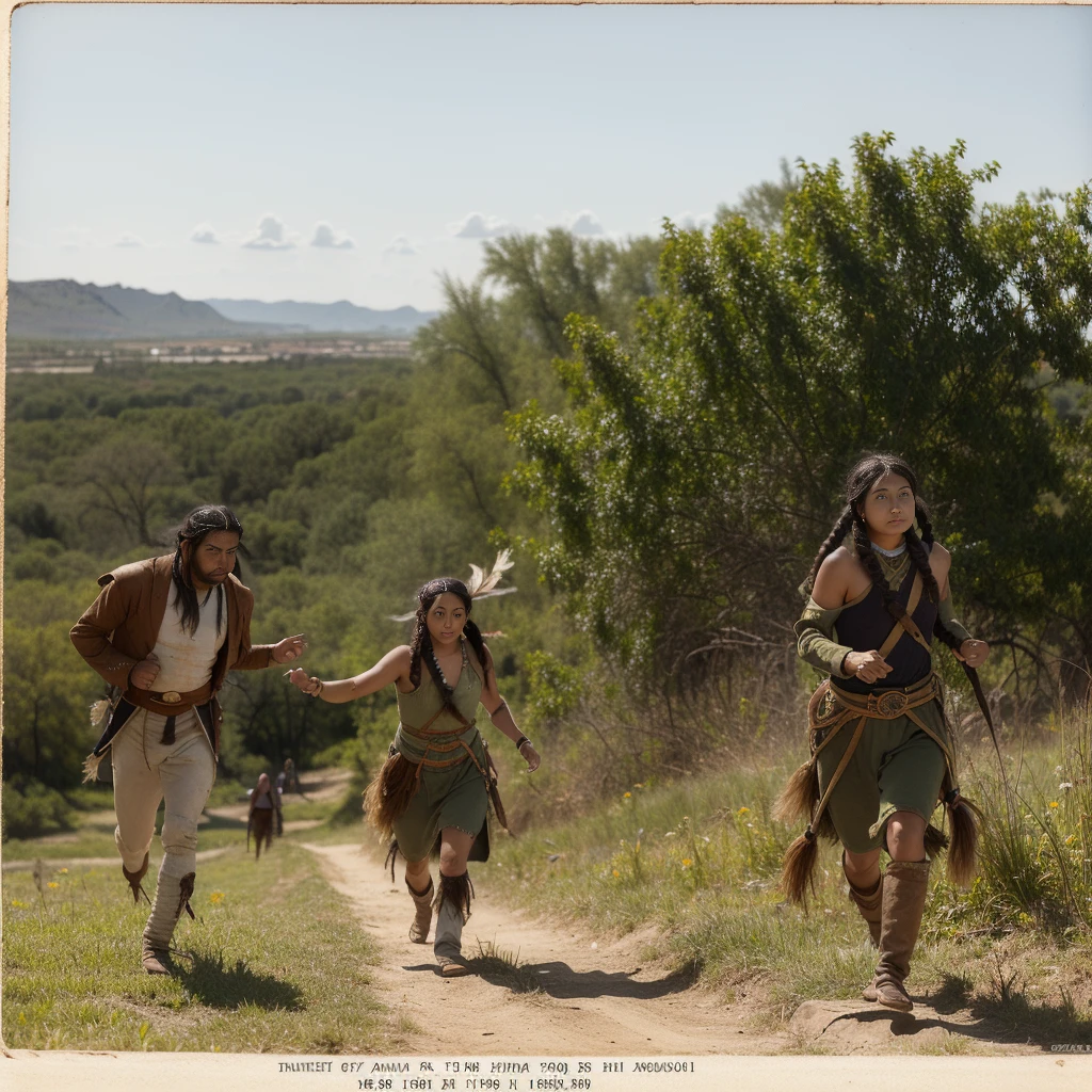 year: 1828. Location: Illinois. Pre-Raphaelite scene with native american people, sauk native american, escaping, running away, war victims, scared children, ((((Clothing from the 1820s)))) ((Hairstyle of the 1820s)), ((("OMITB" cinematography)))