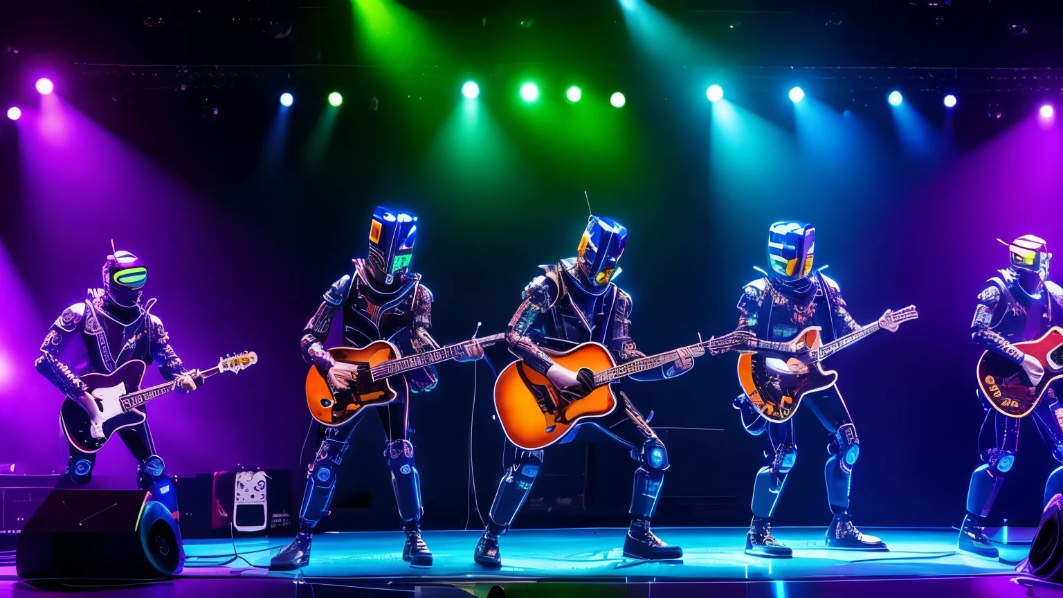 criar many robots playing guitar together on stage, robot eletronic style, on stage, lights, ELETRIC GUITAR STYLE. 8K,ON STAGE, UNIQUE UNIVERSE , robots rock band