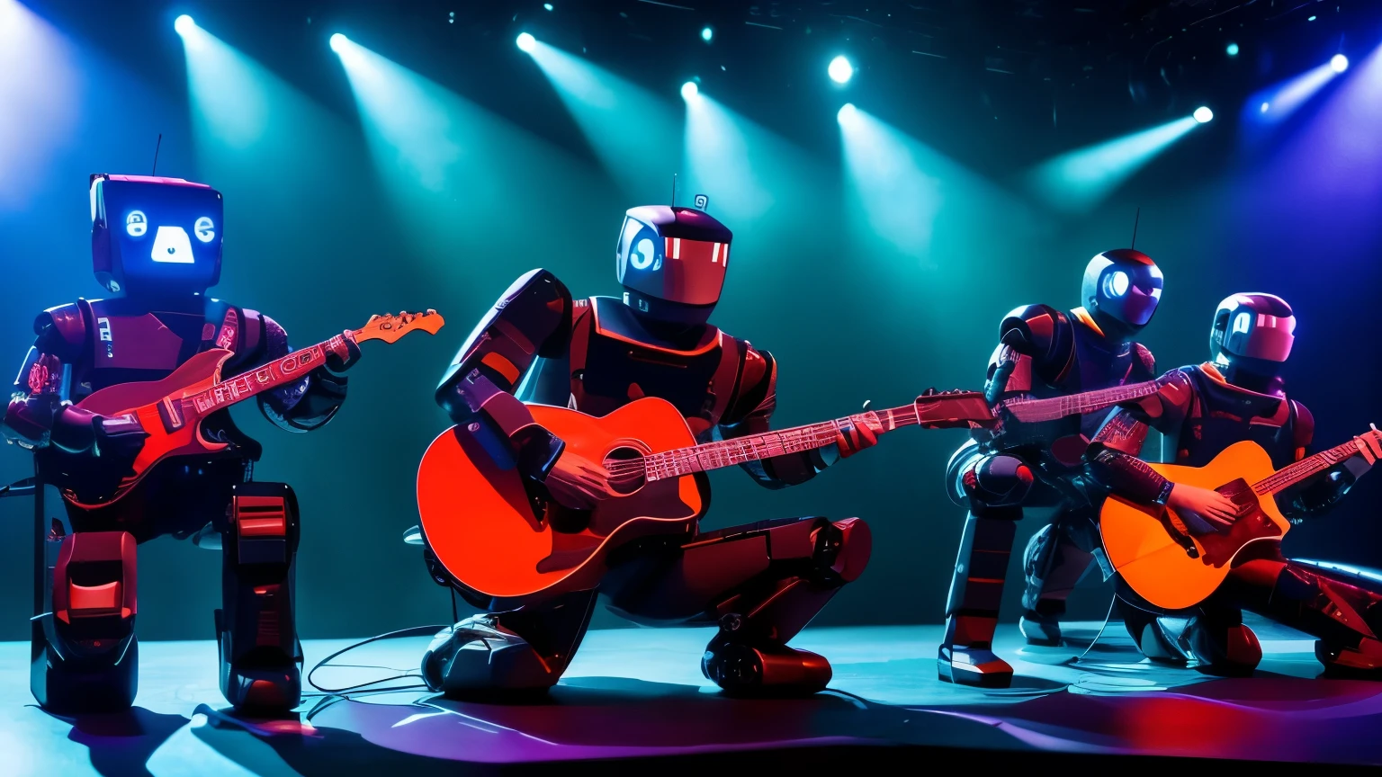 criar many robots playing guitar together on stage, robot eletronic style, on stage, lights, ELETRIC GUITAR STYLE. 8K,ON STAGE, UNIQUE UNIVERSE , robots rock band