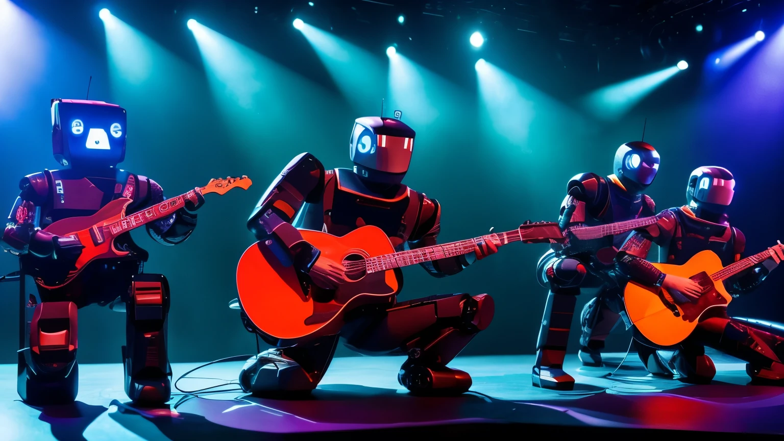 criar many robots playing guitar together on stage, robot eletronic style, on stage, lights, ELETRIC GUITAR STYLE. 8K,ON STAGE, UNIQUE UNIVERSE , robots rock band