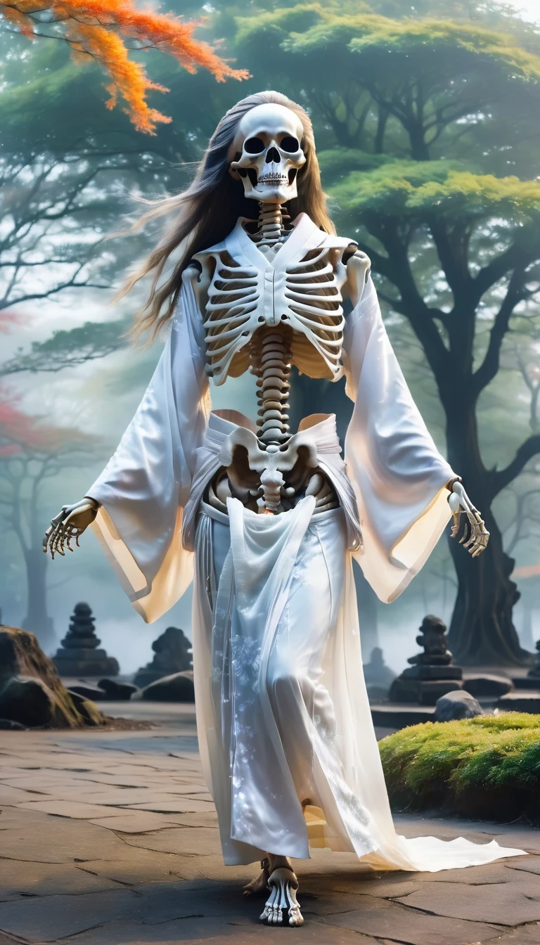 In a desolate park with a misty background, there is a skeleton wearing a white kimono. The skeleton has long hair and is in a pose that makes it look like it is about to move.
