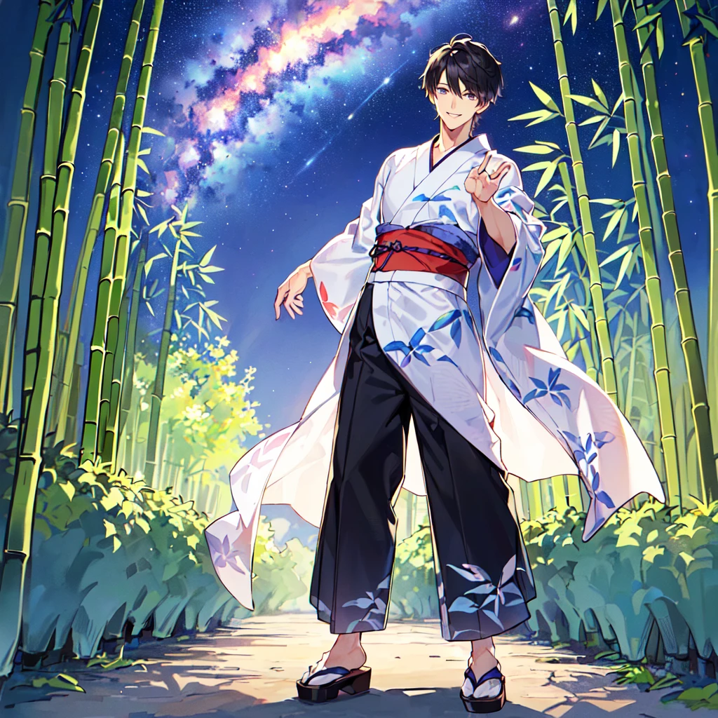 masterpiece,best quality,high quality,(1 male austere handsome solo adult age 30:1.5), purple eyes, cool with drooping eyes, V-shaped eyebrows, body strong and fearless 8.5 head tall, height 185cm, (well-groomed short black hair down to neck:1.4), (bangs 7 thirds parted:1.4), slender nose, facial muscles, throat, (Japanese print summer yukata with short sleeves and pants:1.3), (stylish pose), (cool smile:1.3), (bamboo forest in background:1.3), (Milky Way Night Sky: 1.3)