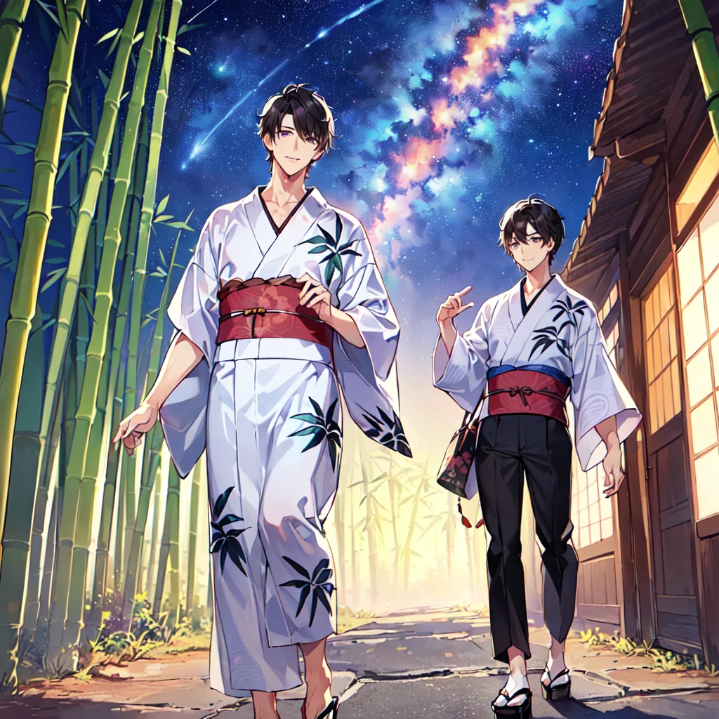 masterpiece,best quality,high quality,(1 male austere handsome solo adult age 30:1.5), purple eyes, cool with drooping eyes, V-shaped eyebrows, body strong and fearless 8.5 head tall, height 185cm, (well-groomed short black hair down to neck:1.4), (bangs 7 thirds parted:1.4), slender nose, facial muscles, throat, (Japanese print summer yukata with short sleeves and pants:1.3), (stylish pose), (cool smile:1.3), (bamboo forest in background:1.3), (Milky Way Night Sky: 1.3)