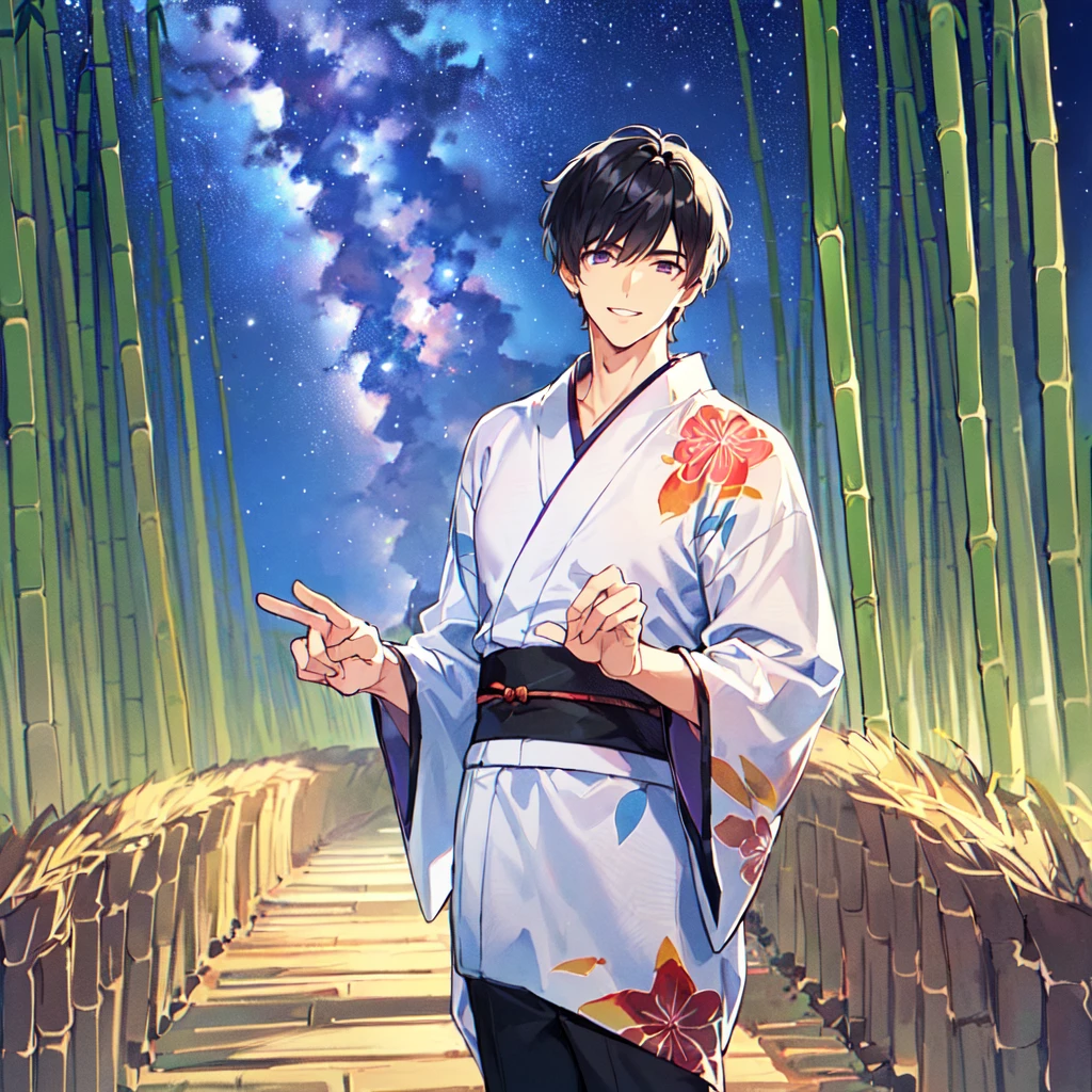 masterpiece,best quality,high quality,(1 male austere handsome solo adult age 30:1.5), purple eyes, cool with drooping eyes, V-shaped eyebrows, body strong and fearless 8.5 head tall, height 185cm, (well-groomed short black hair down to neck:1.4), (bangs 7 thirds parted:1.4), slender nose, facial muscles, throat, (Japanese print summer yukata with short sleeves and pants:1.3), (stylish pose), (cool smile:1.3), (bamboo forest in background:1.3), (Milky Way Night Sky: 1.3)