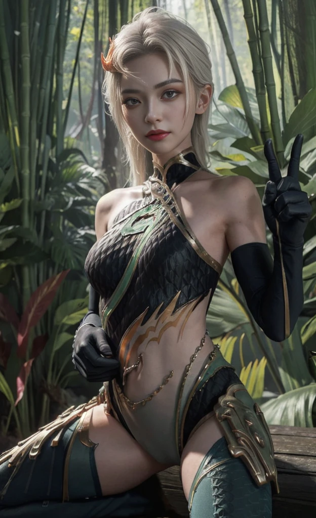 (The tall girl puts her hand in front of her and points to the side), combat pose, BREAK, (Dark background, Bamboo forest), (Slender_thighs:1.3), ((small breastes)), Slender_thighs, white hair, 1girl, solo, (Miniature body:1.4), gorgeous cleavage, Posing shirtless, detailed feminine anatomy, the perfect body, Detailed body, detailized face, Beautiful anatomical eyes. BREAK Kaisa Dragon Lagoon,  The BREAK is very detailed, Intricately detailed art, Artstation's Detailed Triadic Color Trend in Unreal Engine 5, 8K resolution, deviantart masterpiece.