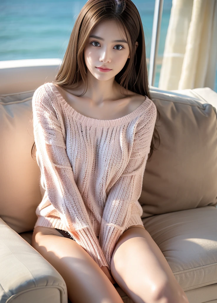 24year old beautiful girl、Beauty、Japanese、cute、beautiful girl、slim、Highest quality、Realistic、16K、panoramic、((Best Quality, 8k, Masterpiece: 1.3)), 1 girl, full body, slim face, beautiful woman, Film Photography, 1 beauty: 1.2, Pale pink sweater, White panties, Long brown hair, Highly detailed face, Sitting on a white sofa, background: Sea Resort