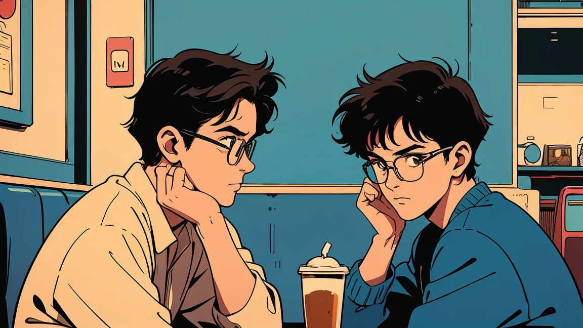 City Pop、New Retro、Pure Cafe、smoking、coffee、Adult male、wear glasses、designer、Emotional