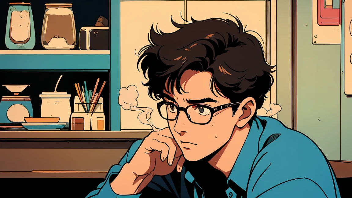 City Pop、New Retro、Pure Cafe、smoking、coffee、Adult male、wear glasses、designer、Emotional