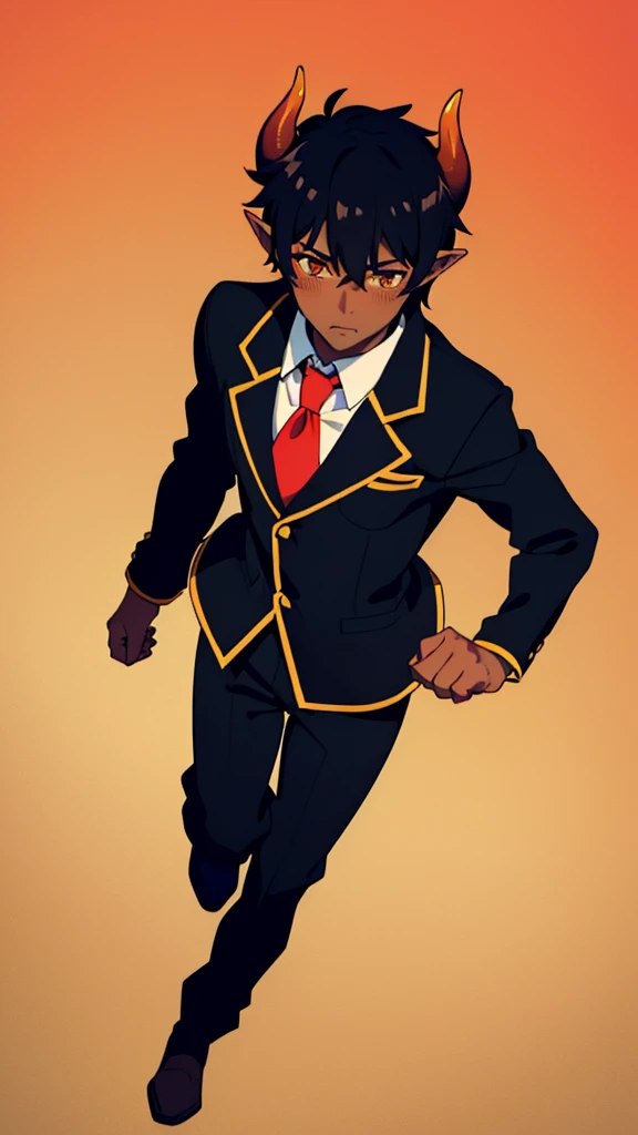 (1boy,18 years old,solo),((dark skin)),short hair,hair between eyes,black hair,elf ears,(horns),orange eyes,(no background, simple background),red necktie,black jacket, blazer,long sleeves,pant,walking,(from above),shy,blush