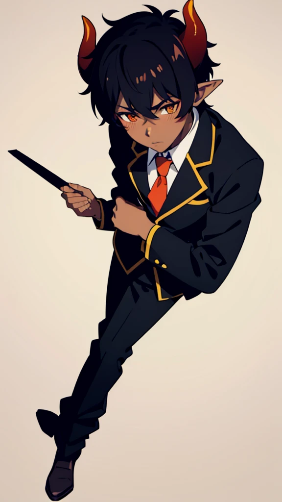 (1boy,18 years old,solo),((dark skin)),short hair,hair between eyes,black hair,elf ears,(horns),orange eyes,(no background, simple background),red necktie,black jacket, blazer,long sleeves,pant,walking,(from above),shy,blush