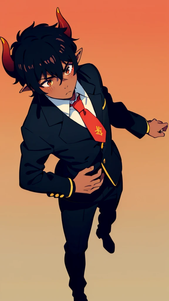 (1boy,18 years old,solo),((dark skin)),short hair,hair between eyes,black hair,elf ears,(horns),orange eyes,(no background, simple background),red necktie,black jacket, blazer,long sleeves,pant,walking,(from above),shy,blush