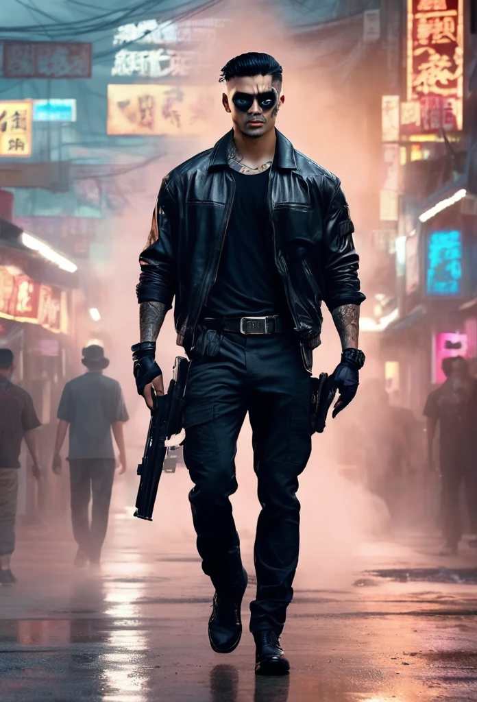 1 man in a secret racetrack Wear a black shirt detailed face Black eyes and a beautiful man Fine light skin color Medium-length black hair, standing with a pistol, a strong expression. tattoos on body incredible light movie elements cool and dark color Fog in the atmosphere strong chin man being man night (Best quality 4K, 8K high resolution art: 1.2) Special details (realistic photorealistic photo: 1.37)