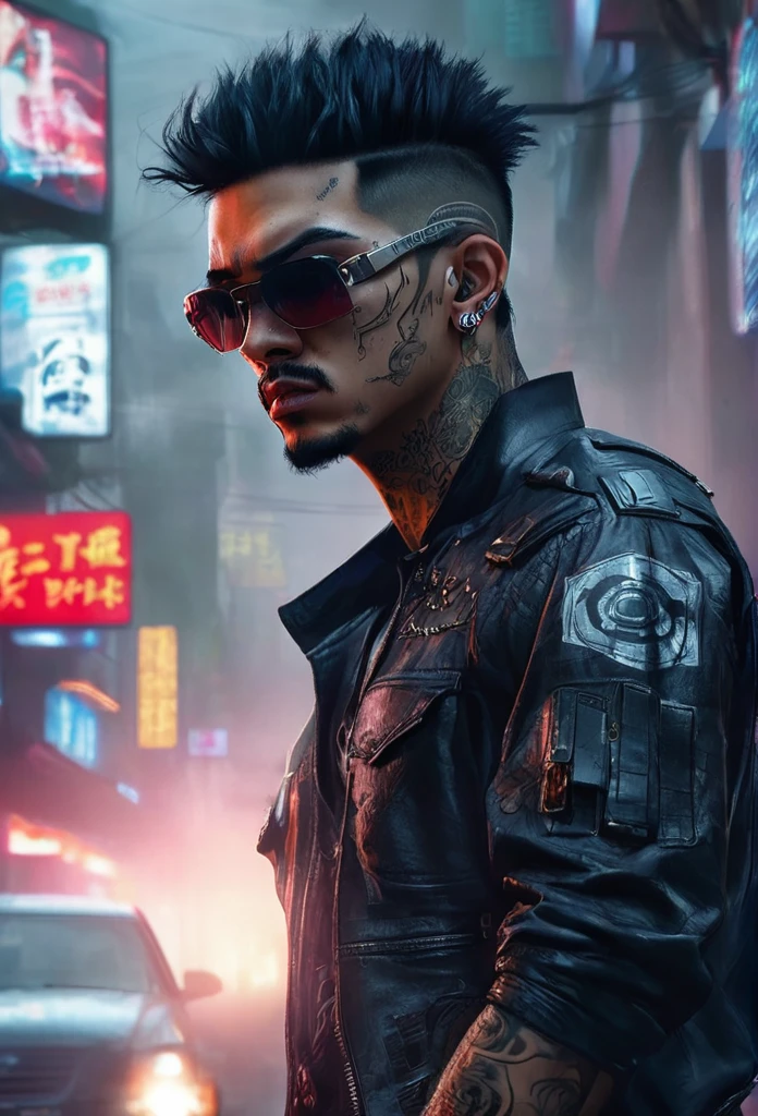 1 man in a secret racetrack Wear a black shirt detailed face Black eyes and a beautiful man Fine light skin color Medium-length black hair, standing with a pistol, a strong expression. tattoos on body incredible light movie elements cool and dark color Fog in the atmosphere strong chin man being man night (Best quality 4K, 8K high resolution art: 1.2) Special details (realistic photorealistic photo: 1.37)