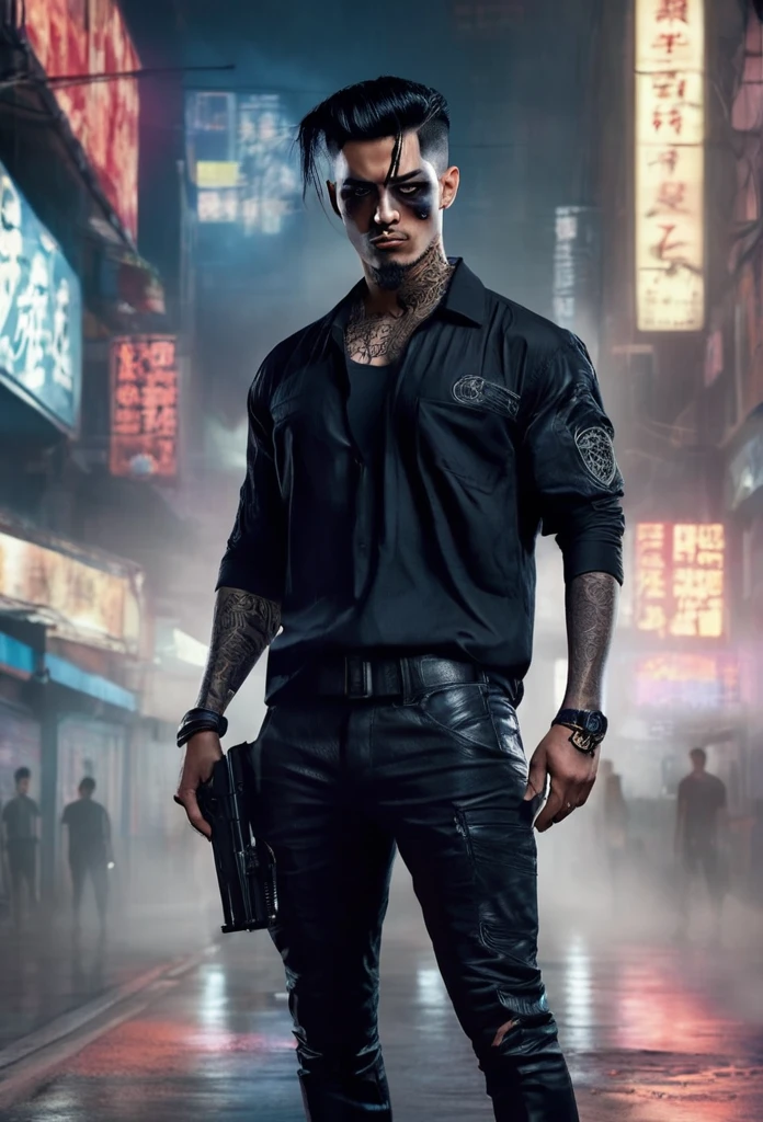 1 man in a secret racetrack Wear a black shirt detailed face Black eyes and a beautiful man Fine light skin color Medium-length black hair, standing with a pistol, a strong expression. tattoos on body incredible light movie elements cool and dark color Fog in the atmosphere strong chin man being man night (Best quality 4K, 8K high resolution art: 1.2) Special details (realistic photorealistic photo: 1.37)