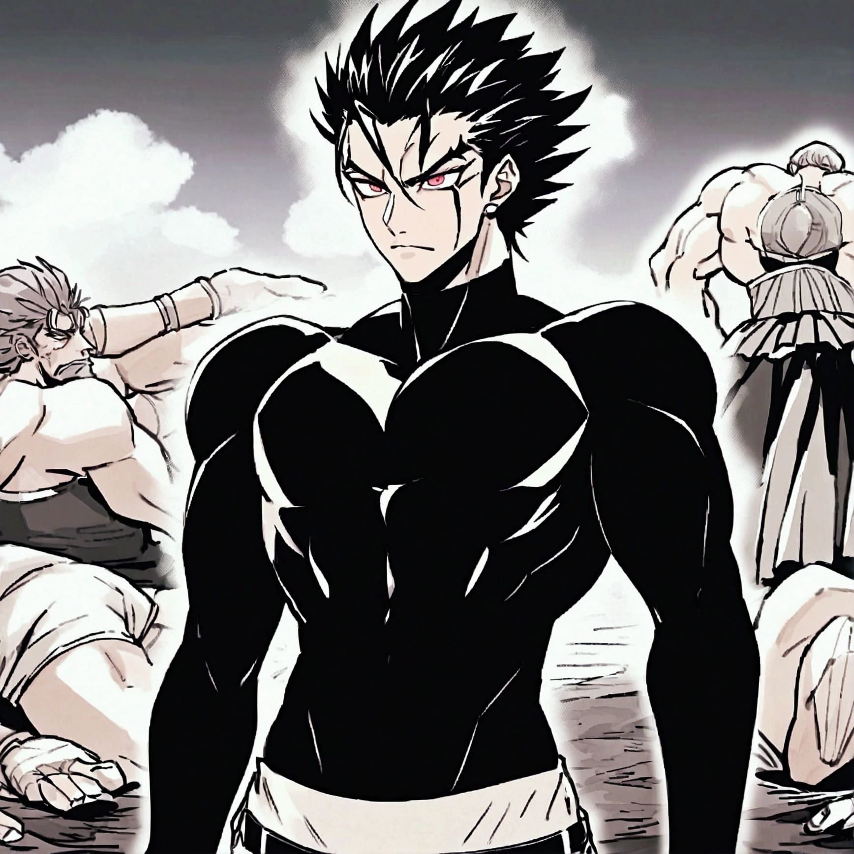 masculine man, high , muscular , playera negra de cuello alto pegada y de mangas largas , short black hair combed back and Red eyes , black belt and black gloves ,Delgado , ,24 years old