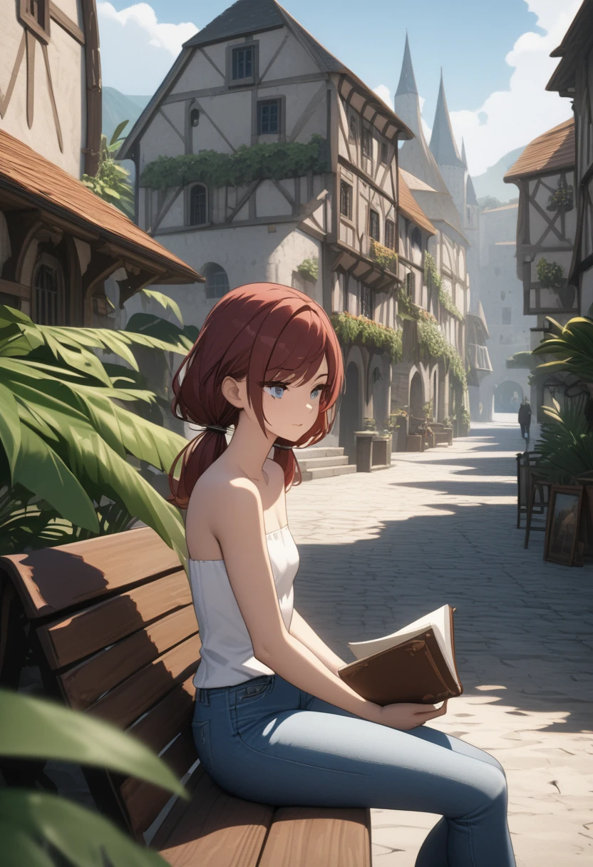masterpiece, best quality, european medieval town by sea, arena built by beautiful ocean, tropical, tropical plants, narrow streets, (super detail:1.2), (High Definition:1.3), (Professional Photography:1.3), (wide shot), (very aesthetic:1.2), (absurdres:1.2), (sharp focus), (perfect light), 8K, (close up, character focus), (finely detailed beautiful eye: 1.2), (beautiful detailed face), stoic young woman with gray eyes sitting on bench and reading book, dark red hair in low twin tails, swept bangs, strapless white shirt, jeans, satchel, toned arms, small breasts,