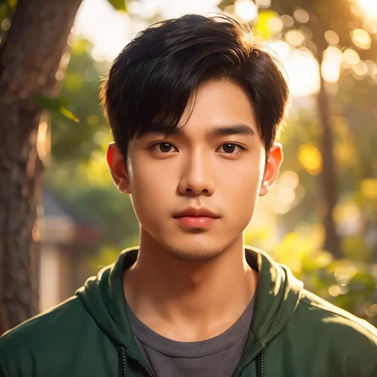 Close-up photo, A young Southeast Asian man with a round face., Short, cropped hair,black eyes,abdominal muscles, perfect body, outdoor, Warm light, The morning sun shines beautifully., (digital painting, HDR, high contrast), 3d, 8k, 45,000,000 pixcls, realistically,