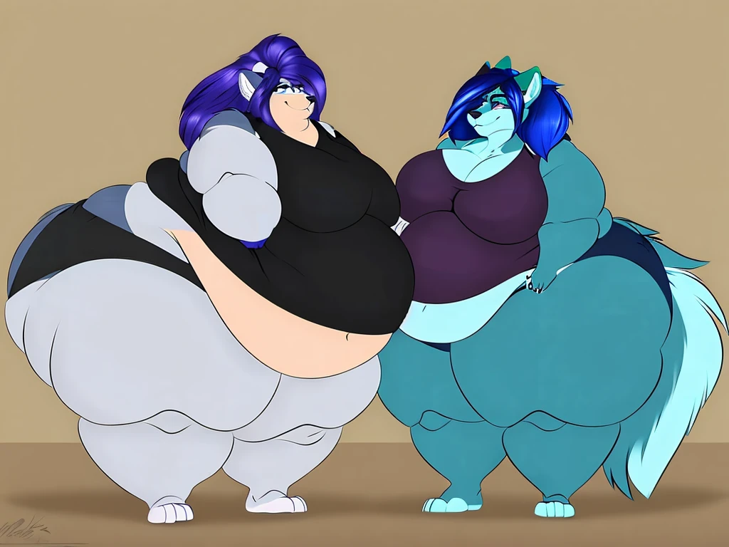 Malamute, female, long blue hair, black and blue body,huge breasts, huge hips, huge thighs, plump, voluptuous, morbidly obese, gorgeous, beautiful, eyelashes, black tank top, black shorts,fat arms, fat legs, belly rolls, fat rolls, hip fat rolls, double chin, chubby cheeks ,cyan hair,cyan fur, cyan eyes,pear-shapped figured, plantigrade, ,duo, lesbians