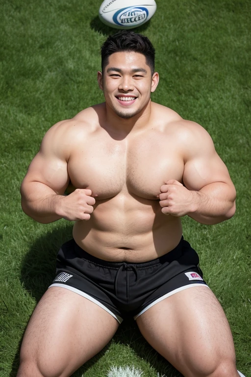 ((highest quality)), ((masterpiece)), (detailed), ((Perfect Face)), 4k, Shaved head, Young Japanese, Muscular, Fat body, Very big man, smile, ((showing off crotch)) A large Japanese man shirtless、whole body、Rugby player、Thick legs、Thick arm muscles、Intimidating、whole body、((wearing a very tight and very short black-shorts)),  (shirtless)、((At the rugby field)), haka dance, (Sit on the grass and spread thighs wide)